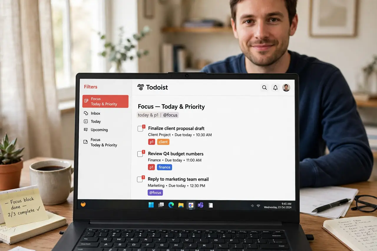Photoreal photo: a person at a desk with a real laptop showing Todoist with a legible custom filter view listing a few focused tasks, the person's face relieved and focused, home office. No black screen, no blank white screen, no fake