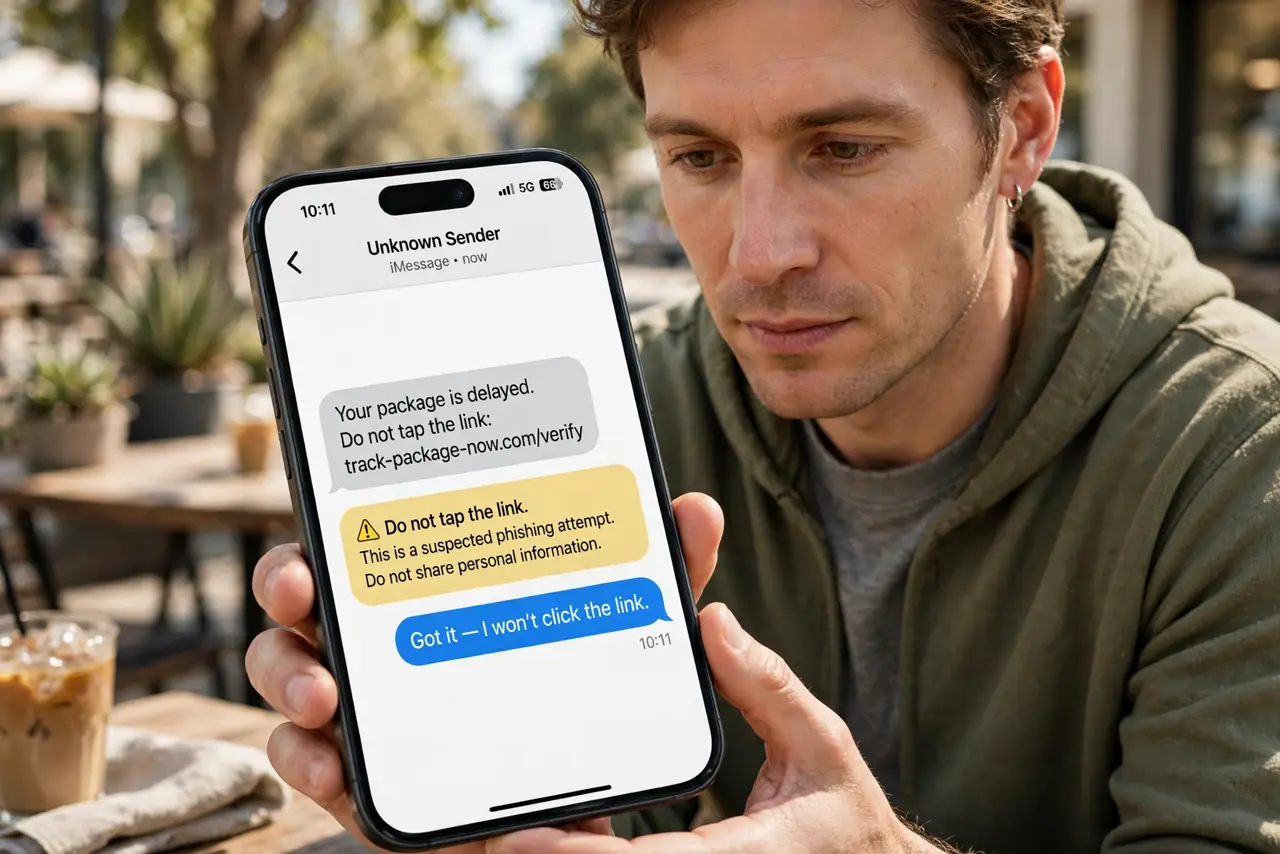 A person calmly performing the guide's first step: Do not tap the link.