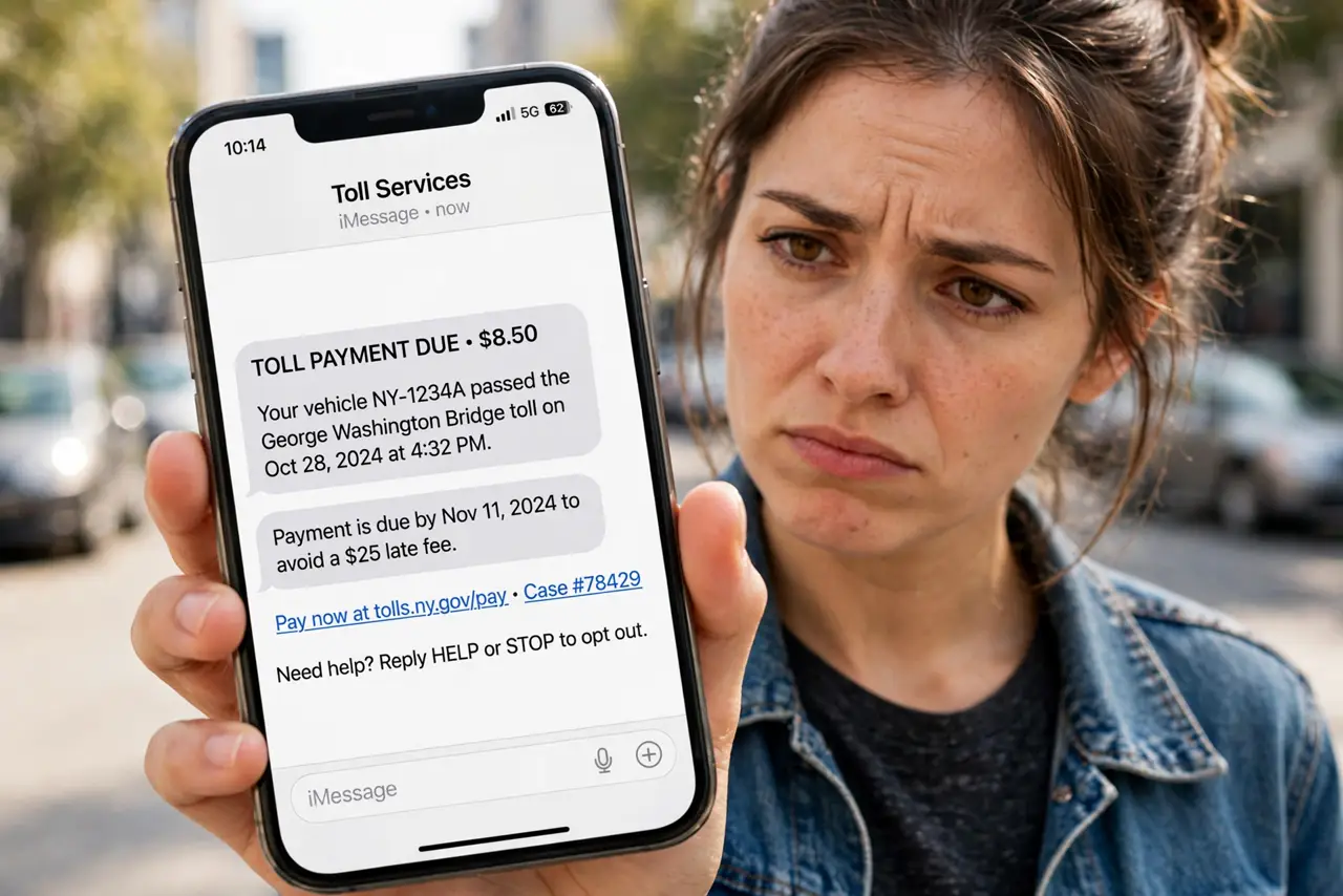 a person holding a real iPhone showing a toll payment text message with legible text, the person's face suspicious. No black screen, no blank white screen, no fake or garbled scree.