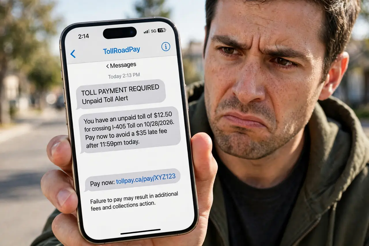 Toll Road Text Scams — an annoyed adult holding a real phone showing a fake toll road payment text, the message fully legible, the pe
