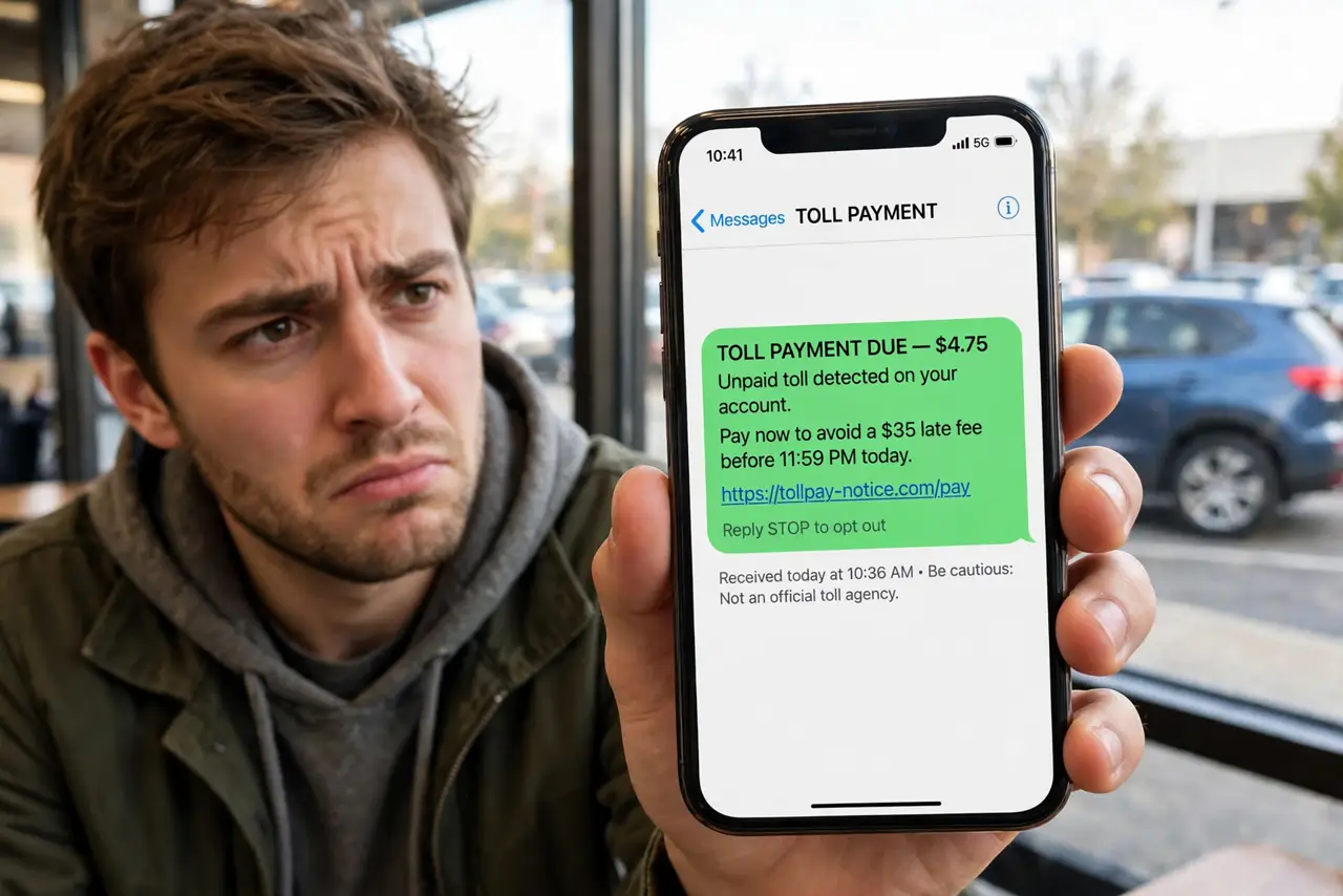 a person holding a real phone showing a suspicious toll payment text, a real car visible through a window behind them, the person's face skeptical, daylight. No black screen, no bl.