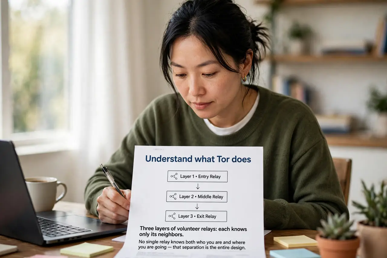 A person performing the first step of the guide: Understand what Tor does.