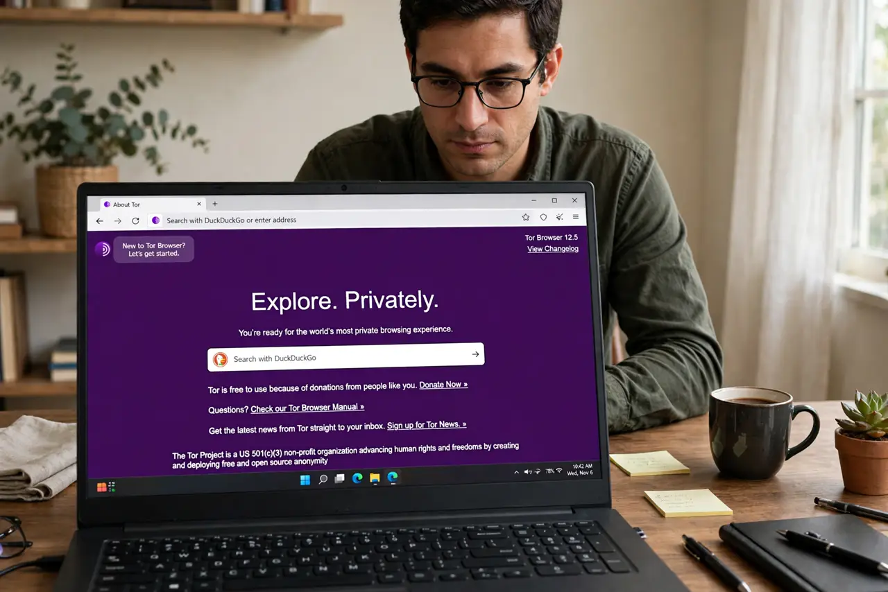 a serious person at a real desk with a laptop showing the legible Tor Browser start page, the person's face focused, home office.