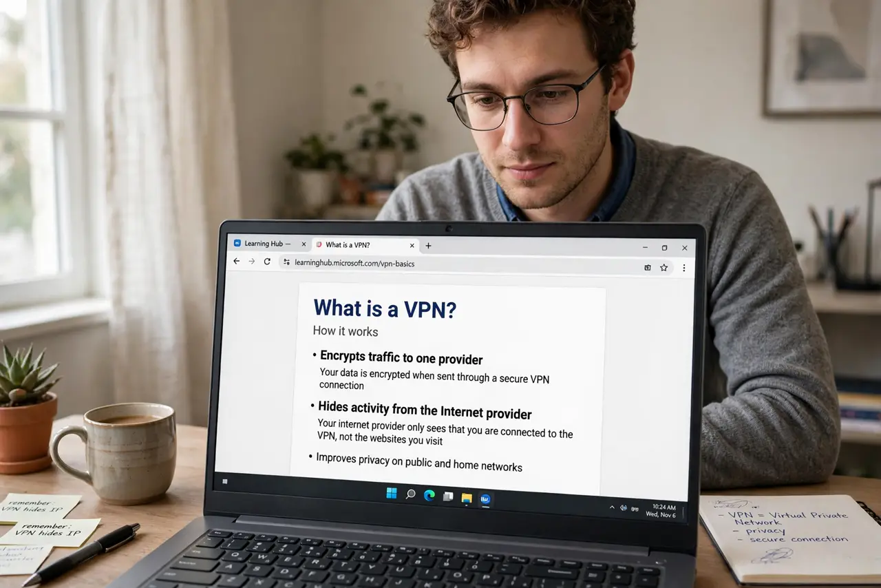 A person performing the first step: Learn what a VPN does. It encrypts traffic to one provider, hiding activity from.