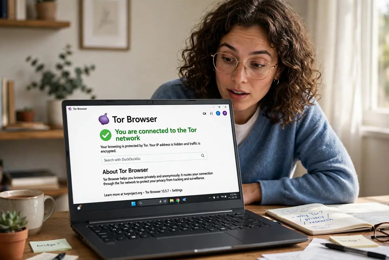 A person at a desk with a real laptop showing the Tor Browser start page with legible text, the person's face curious,