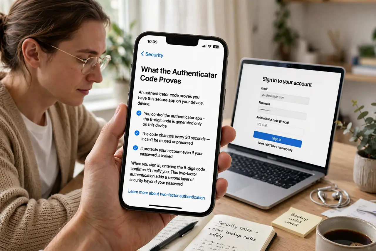 Photoreal photo of a person performing the first step: Understand what the code proves. Your password proves you know a secret; the authenticator c...