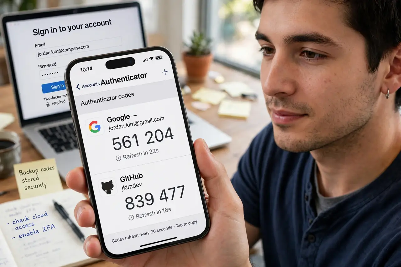 Photoreal photo: a person holding a real iPhone showing a legible authenticator app with six-digit codes and a countdown timer, a laptop with a login screen behind, the person's face attentive, desk. No black scree...