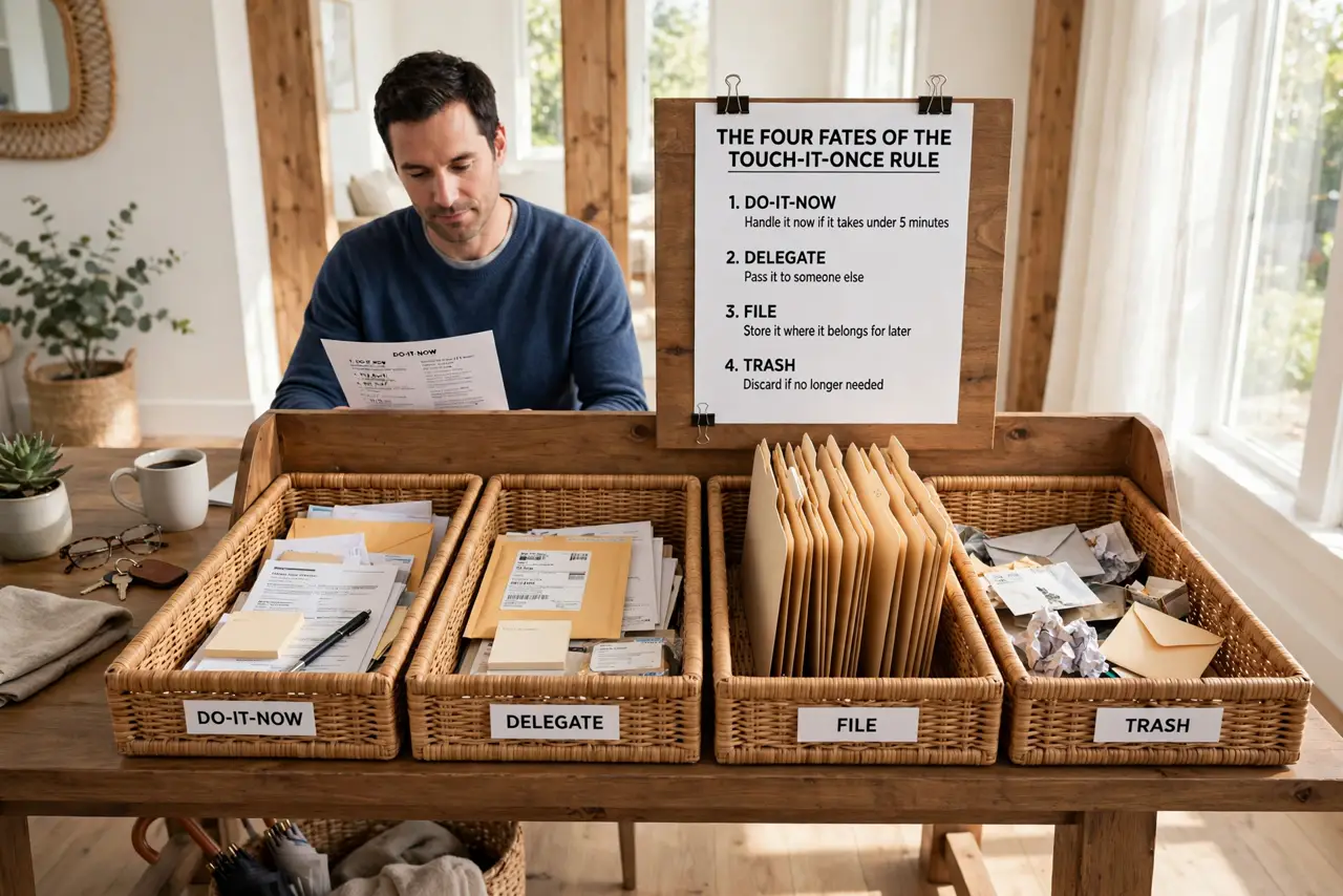 Photoreal photo of a person performing the first step: Learn the four fates. Everything you touch gets one immediate decision: do it now, delegate ...