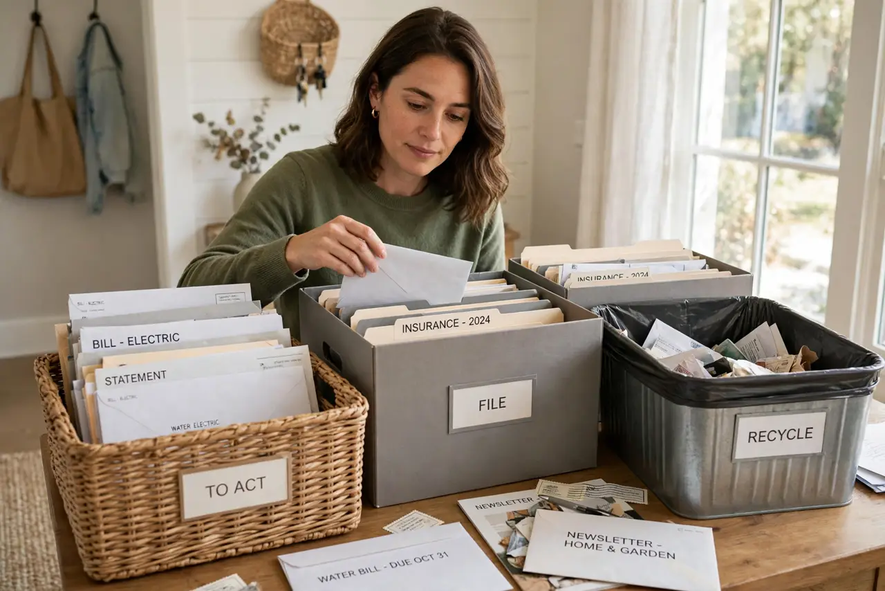 Photoreal photo: a person at a real entryway table sorting incoming mail into a tray, filing box, and trash bin, the person's face decisive, bright home. No black screen, no blank white screen, no fake or garbled s...