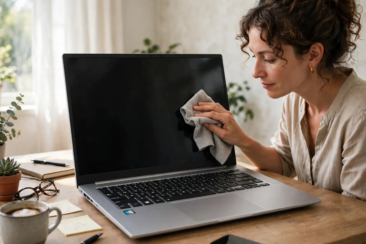 A calm adult gently wiping the touch-screen of a Windows laptop with a soft dry cloth, screen off.