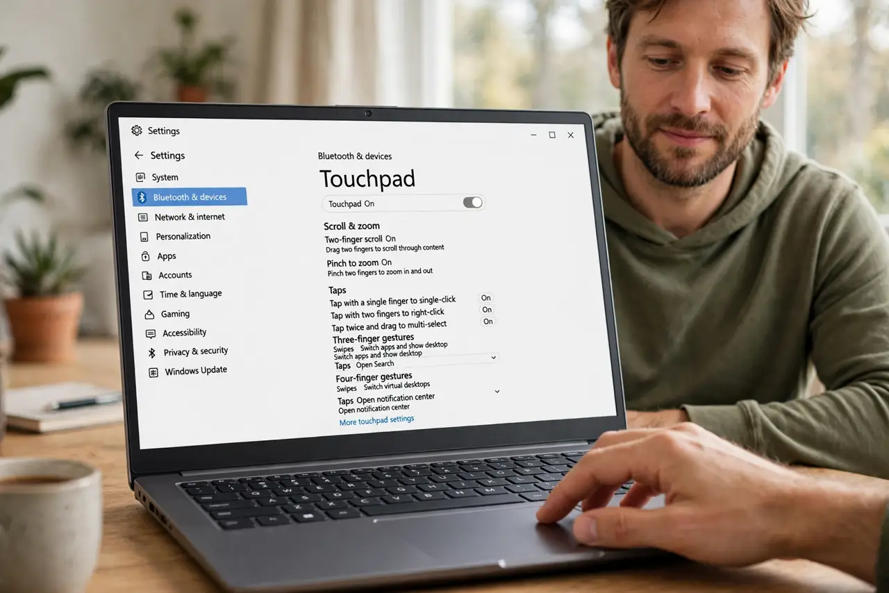a relaxed adult using two fingers on a real Windows laptop touchpad, the Touchpad settings page open on the real laptop screen with gesture options clearly legible.