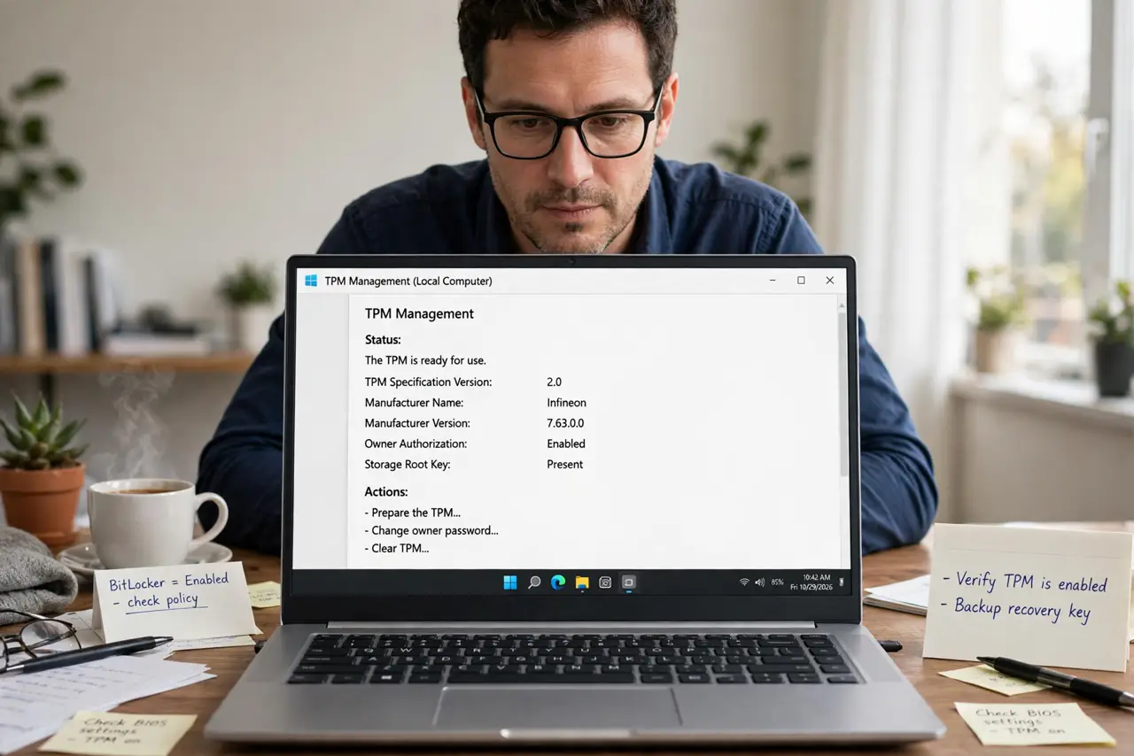 A person looking at a real laptop showing the Windows TPM management console with status text legible, the person's