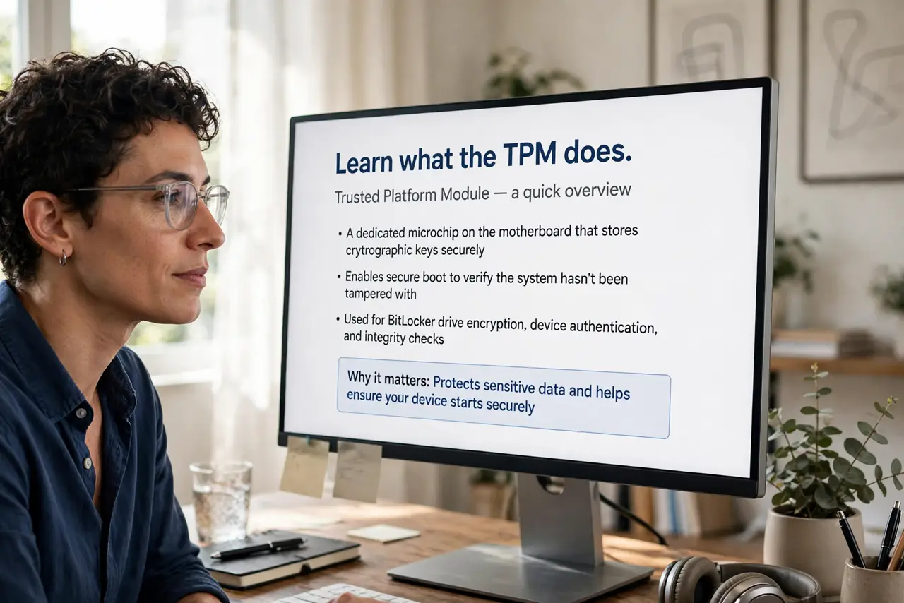A person calmly performing the guide's first step: Learn what the TPM does.