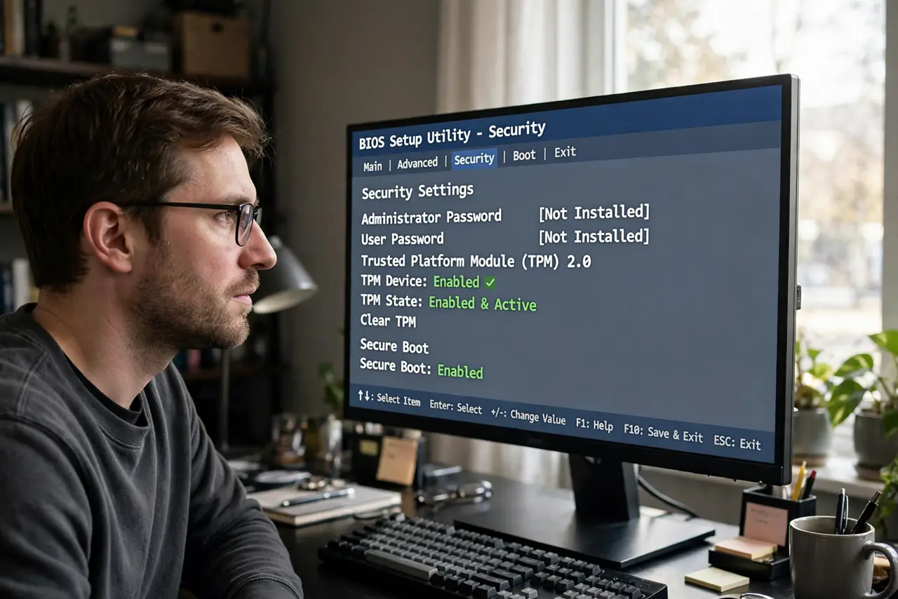 a person looking at a real BIOS security settings screen showing the TPM option with legible text, the person's face focused, dim home office. No black screen, no blank white scree.