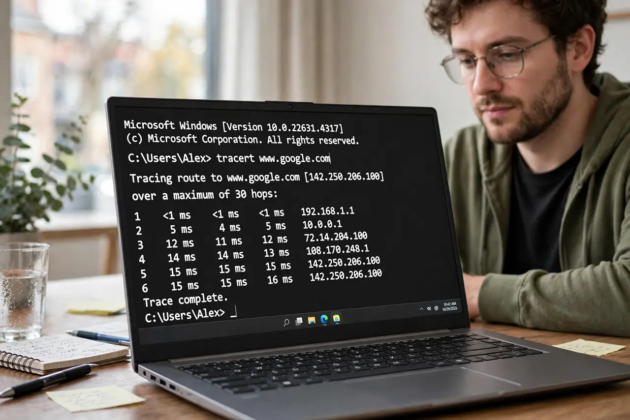 A person performing step 1: Run it the simple way. On Windows use tracert, on Mac and Linux use traceroute, followed by the address. Let i.