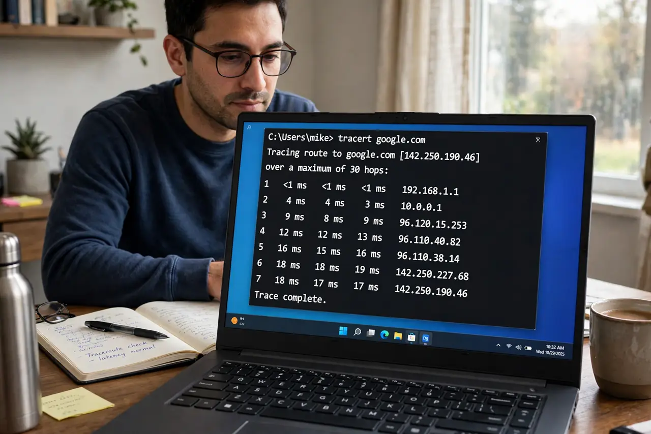 A person at a real laptop showing a terminal window with a legible traceroute output listing numbered hops and millisecond times, the person's face concentrating as they trace.