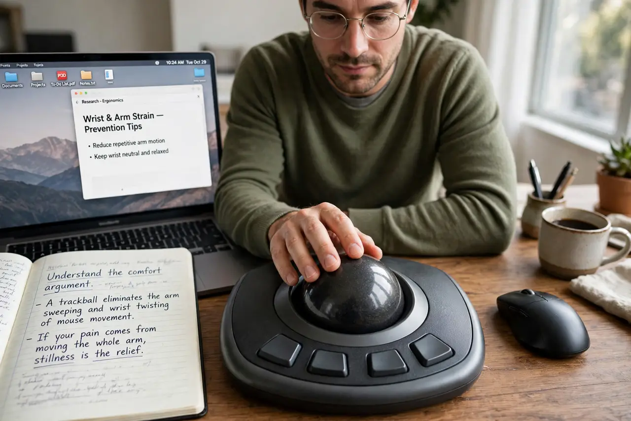 A person performing step 1 of the guide: Understand the comfort argument. A trackball eliminates the arm sweeping and wrist twisting of mouse movement. If your pain comes from...