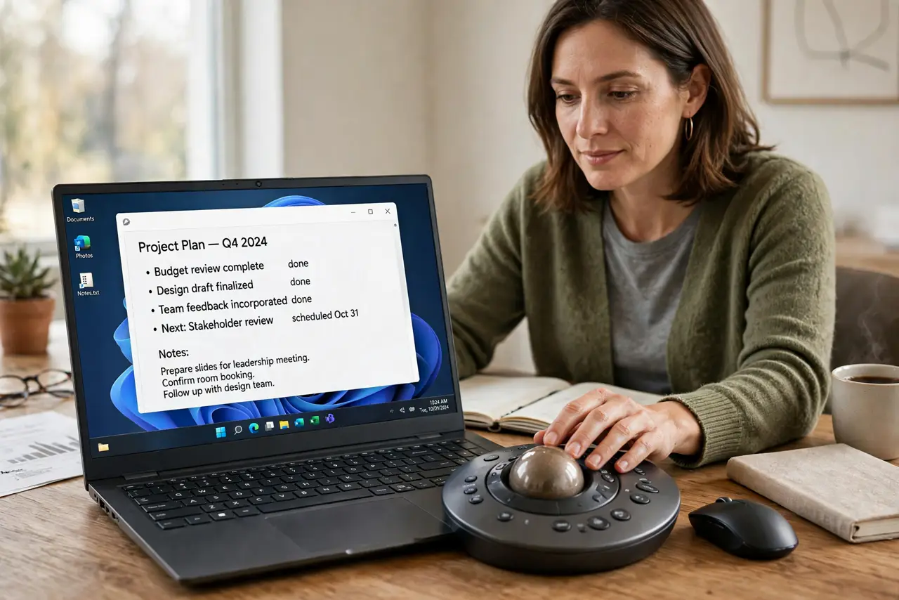 a calm adult at a desk using a real trackball beside a real mouse for comparison, the hand resting relaxed on the trackball, the screen showing a normal desktop with legible text