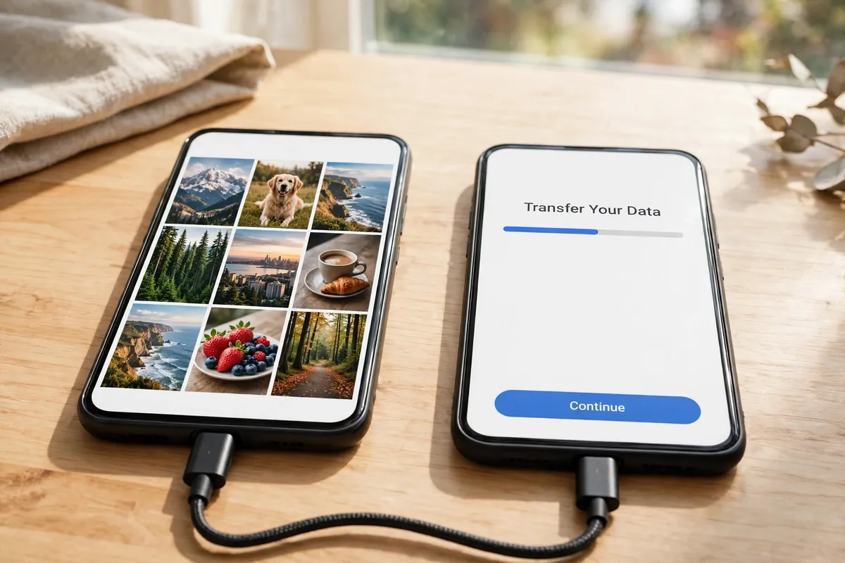 An old phone showing a photo grid and a new phone showing Transfer Your Data with a progress bar, connected by a cable on a wooden desk.
