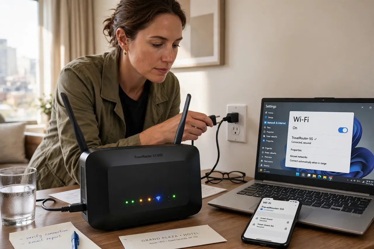 Photoreal photo of a person performing the first step: Power up the travel router in the room. Plug it into the wall outlet or USB power. Wait for its