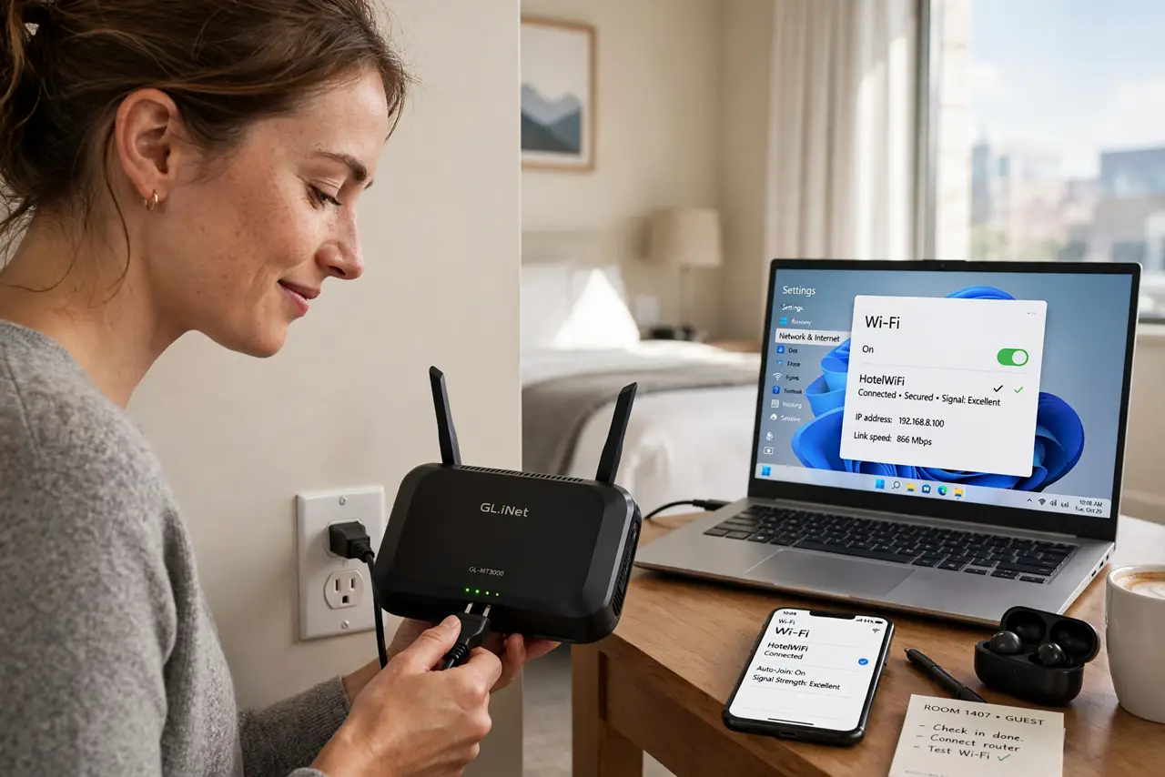 Photoreal photo: a person plugging a small real travel router into a hotel room wall outlet, a laptop and phone on the desk showing connected Wi-Fi with legible signal icons, the person's face satisfied, hotel room. No black screen, n