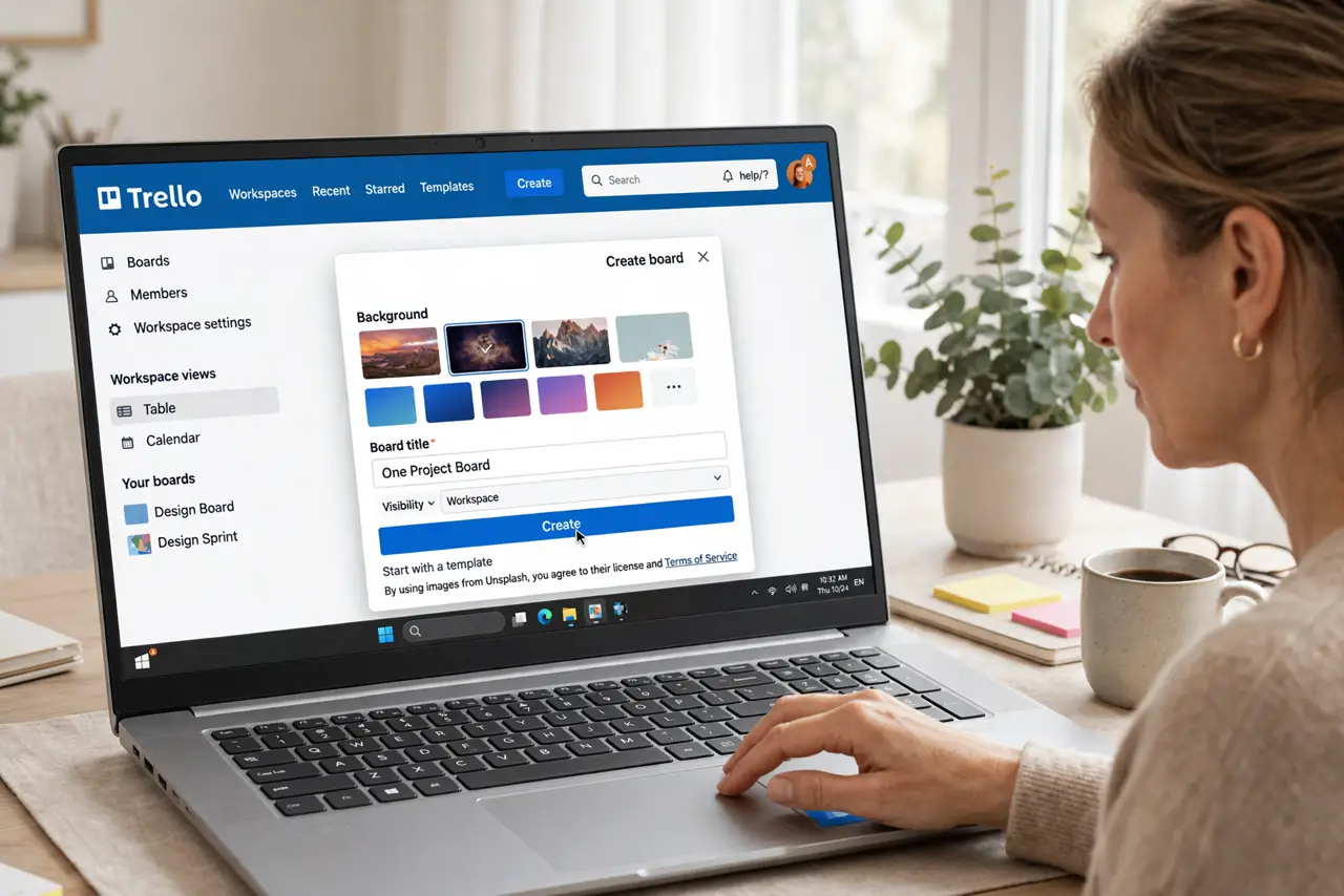 Photoreal photo of a person performing the first step: Create one board for one project. Sign up, click Create board, and name it after a real project