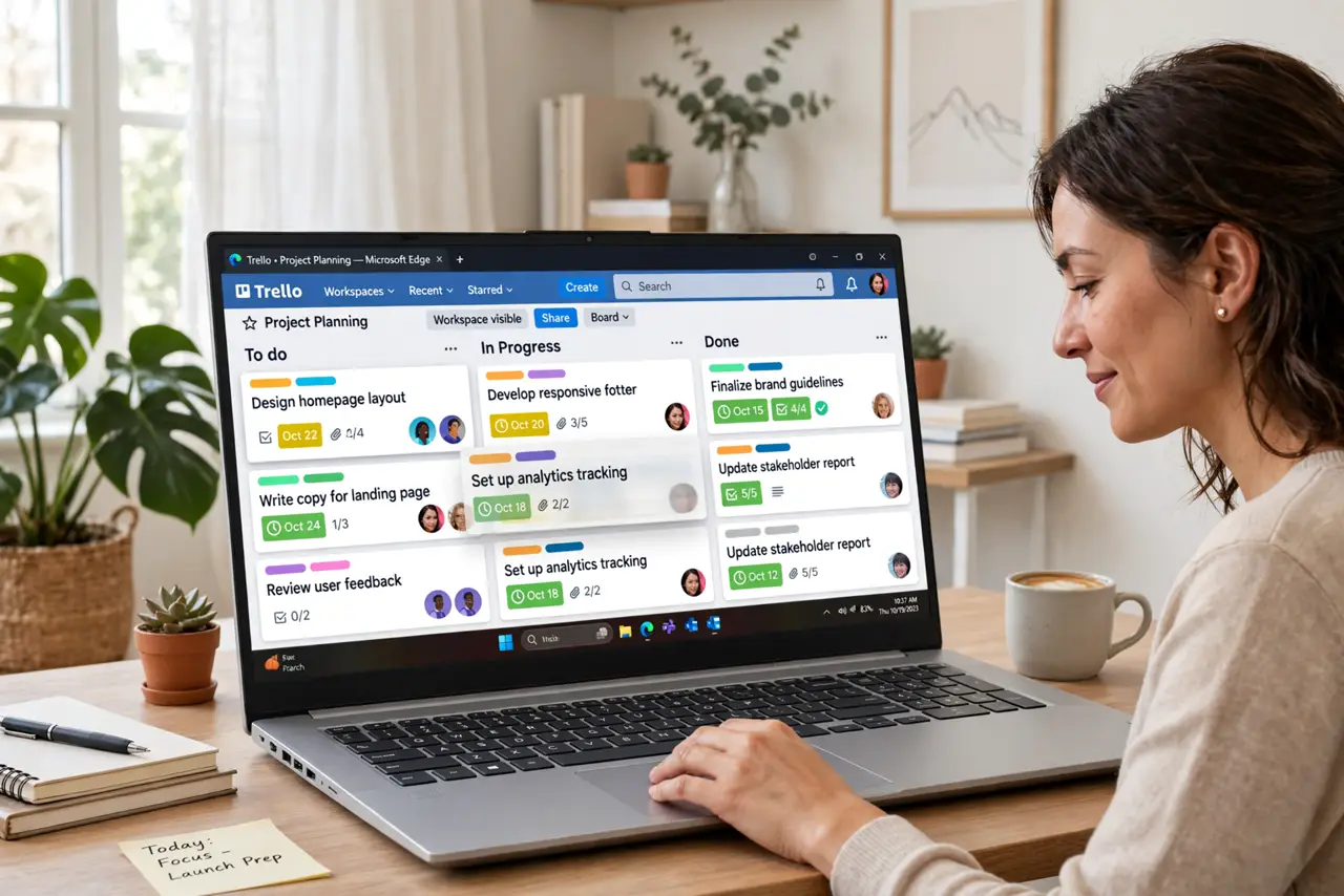 Photoreal photo: a person dragging a card on a real laptop showing the Trello board interface with legible columns and cards, the person's face calm and organized, bright home office. No black screen, no blank white screen, no fake or