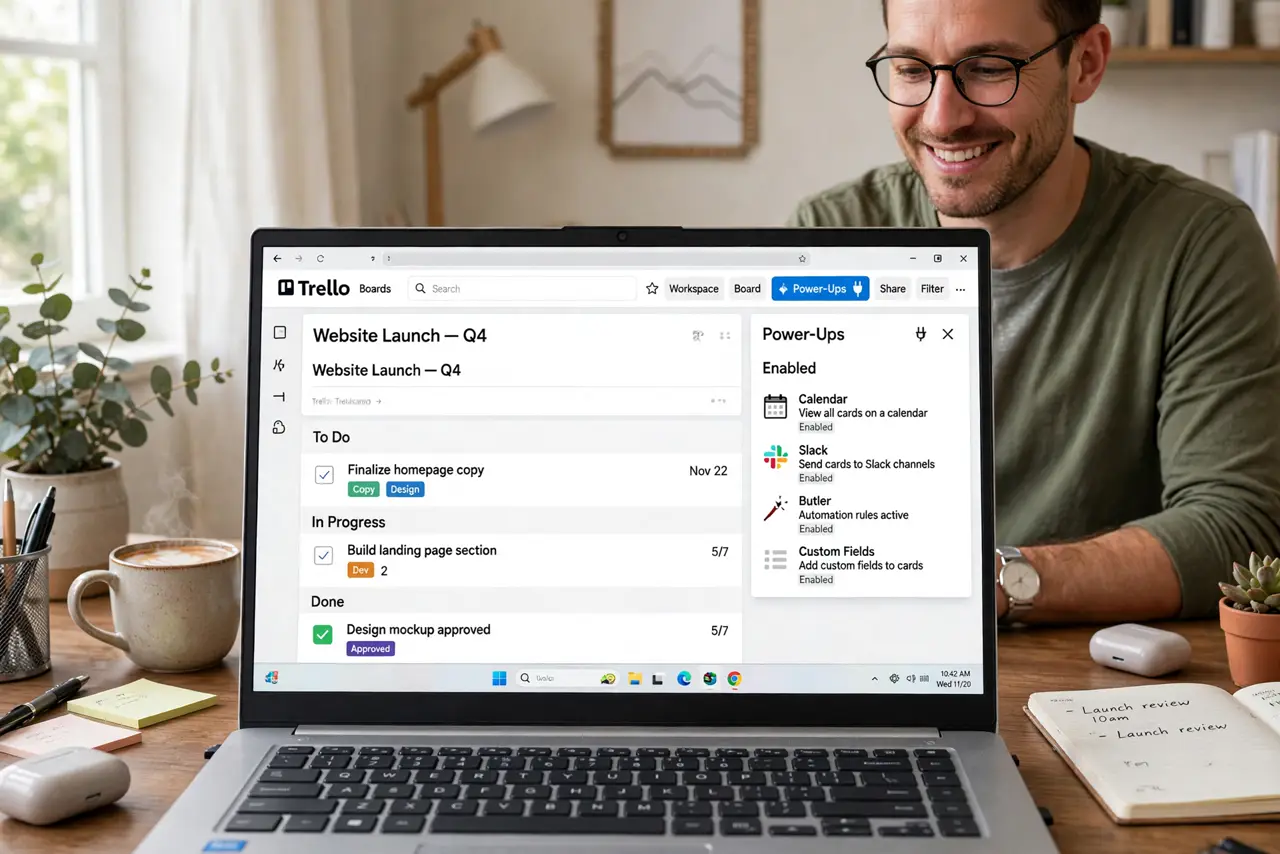 a person at a real desk with a laptop showing a Trello board with legible Power-Up icons enabled, the person's face pleased, home office.
