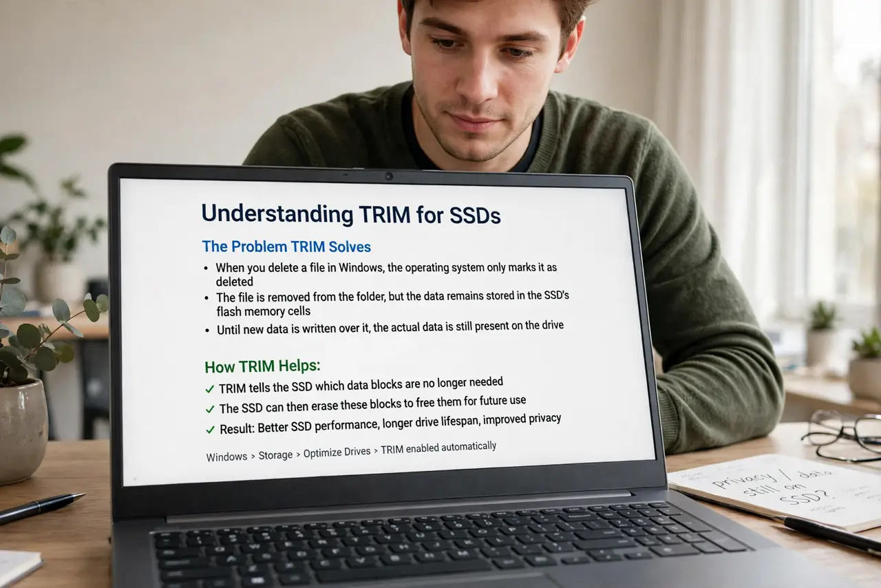 A person performing the first step: Understand the problem TRIM solves. Deleting a file only marks it gone — the flash.