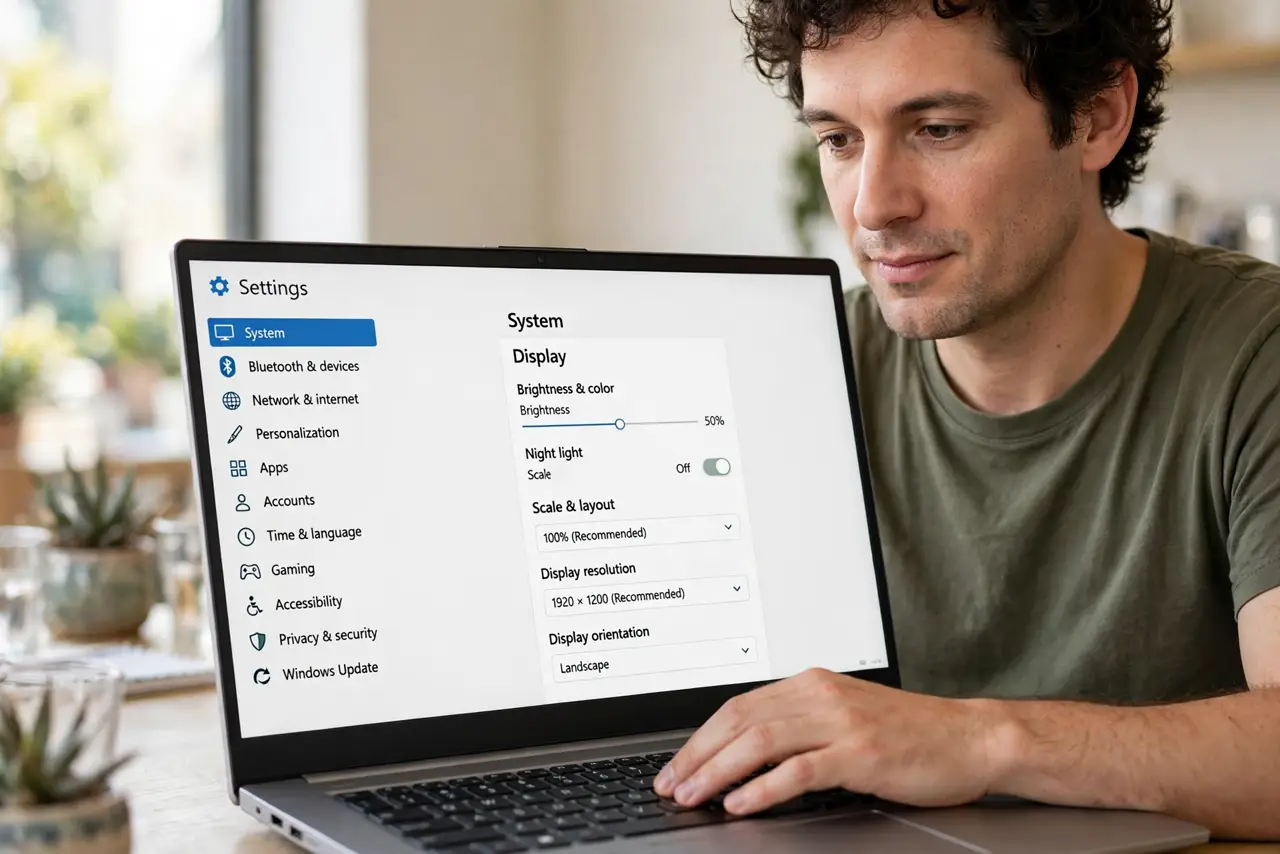 A person looking at a real Windows laptop screen showing system settings with legible text, a hand resting on the