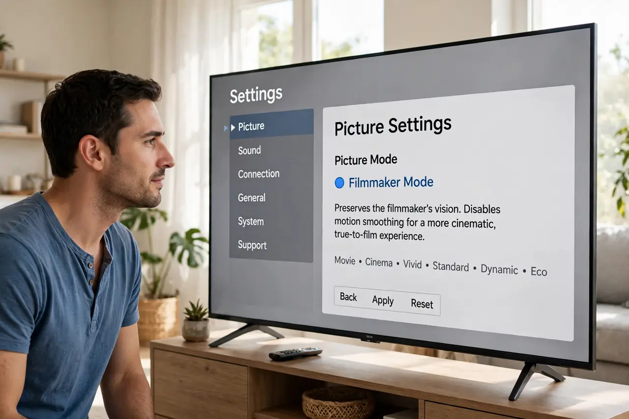 A person performing the guide's first step: Find it in picture modes. Open picture settings and look for Filmmaker Mode among the modes (Movie, Cinema, Vivid...). Most major brands…