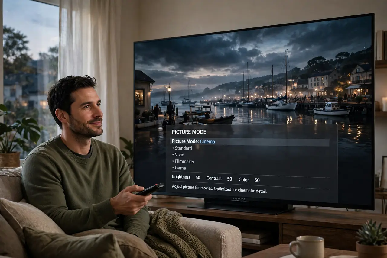 A person in a living room with a real TV showing a legible cinematic movie scene and a remote in hand, the TV menu showing picture mode options, the person's face satisfied, evening dim light..