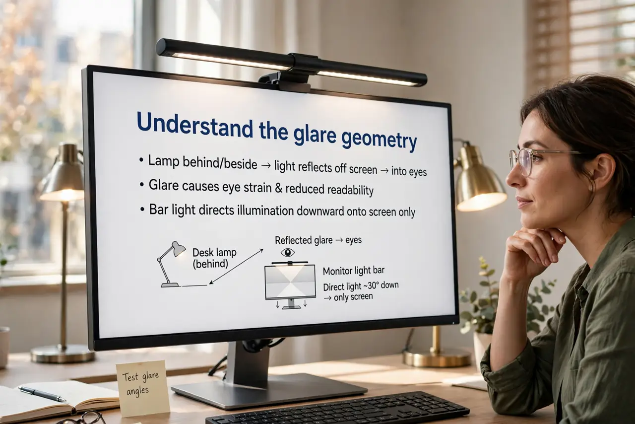 A person performing step 1: Understand the glare geometry. Desk lamps behind or beside you reflect off the screen into your eyes. A bar on.