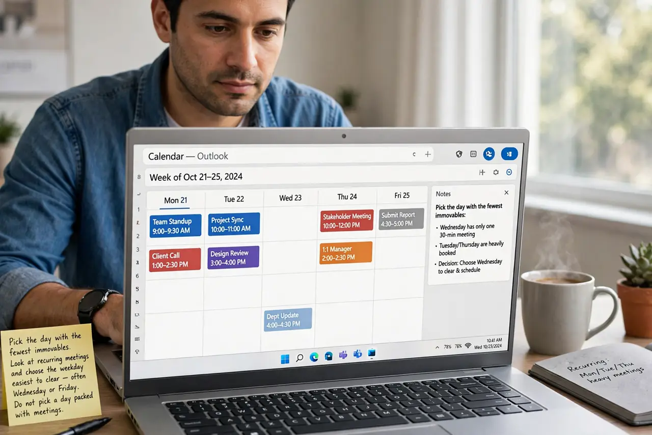 A person performing step 1: Pick the day with the fewest immovables. Look at recurring meetings and choose the weekday easiest to clear — .