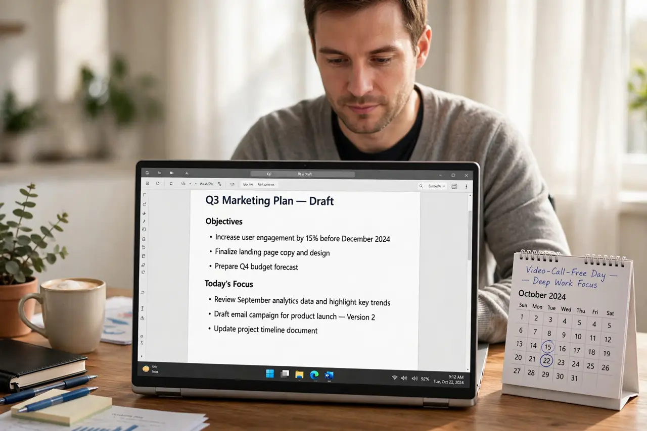 A person at a desk on a video-call-free day working deeply on a real laptop with a document on screen, a calendar beside them showing one clear day,.