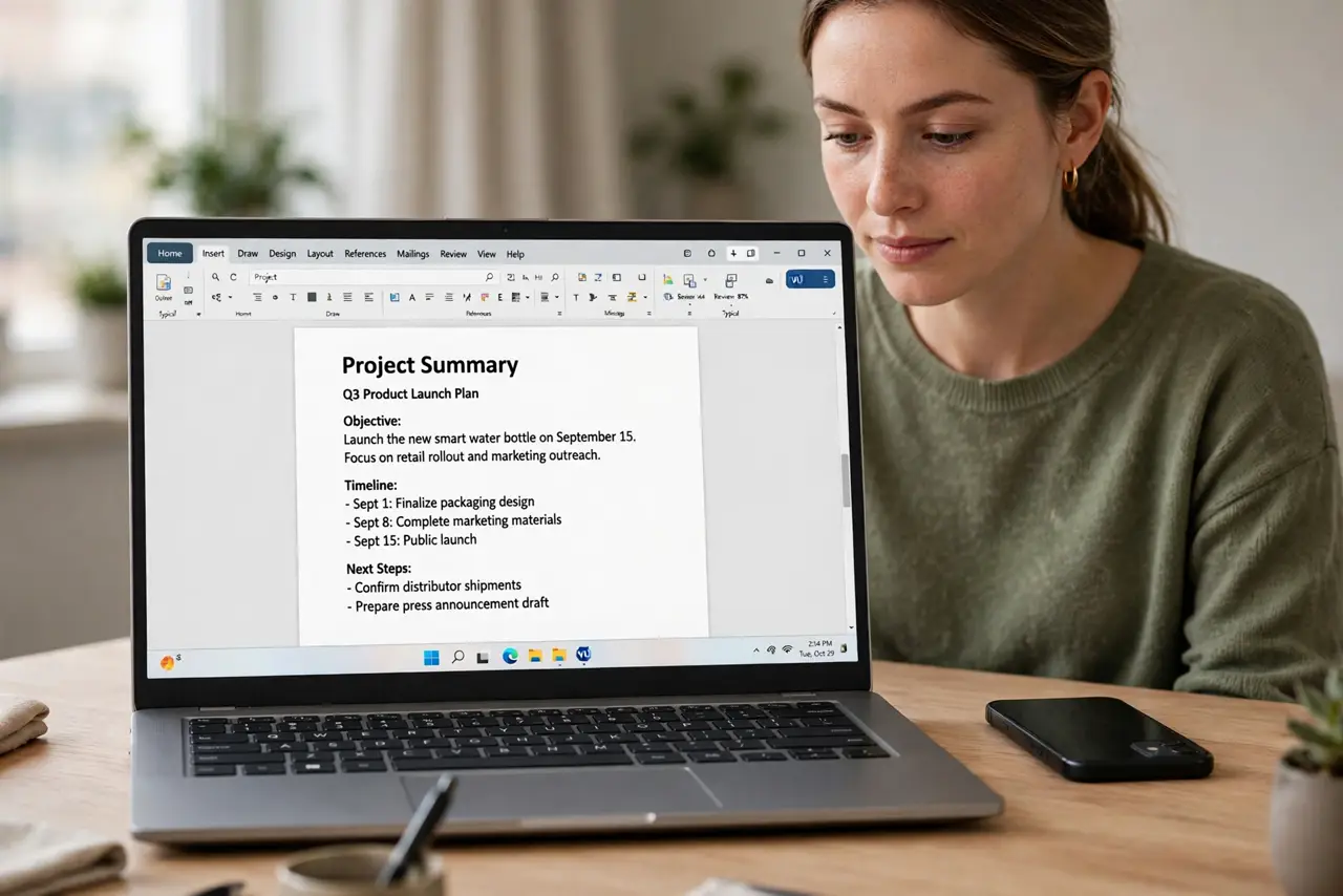 A person at a clean desk with a real laptop showing one single document with legible text, phone face-down beside it, the person's face calm and focused, soft.