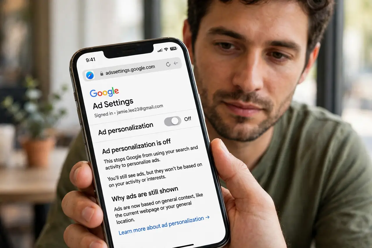 A person performing step 1: Turn off Google ad personalization. Visit Google's Ad Settings page while signed in and toggle off ad personal.