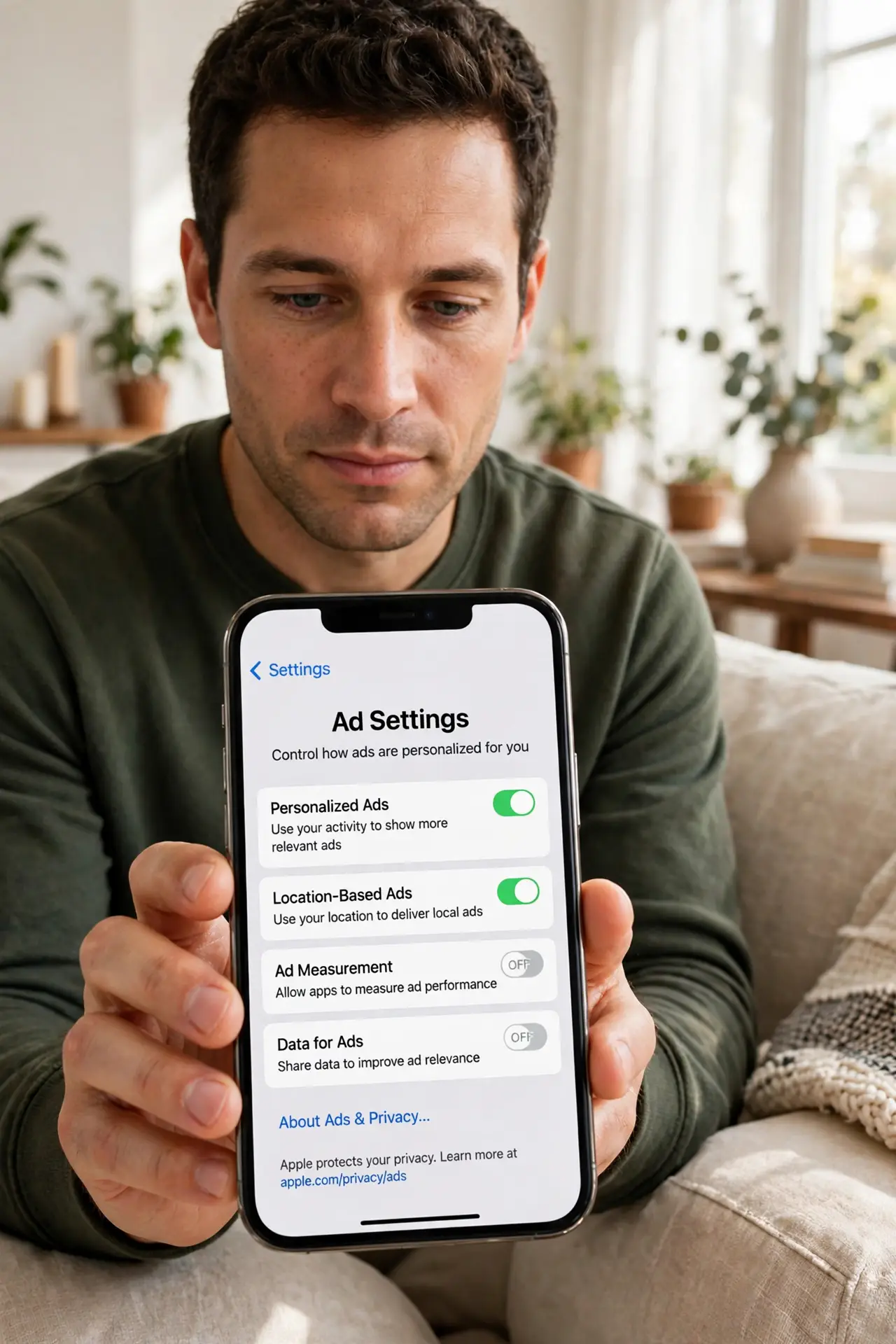 A person holding a real smartphone showing ad settings with legible toggle switches on screen, the person's face determined, sitting on a couch in a living room.