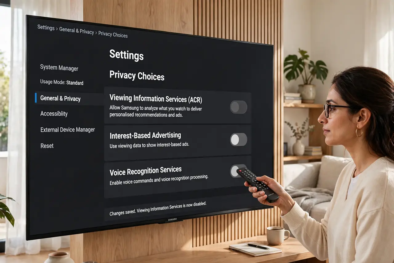 A person performing step 1: Samsung: the path. Go to Settings > General > System Manager > Usage Mode, then Settings > General > Privacy C.