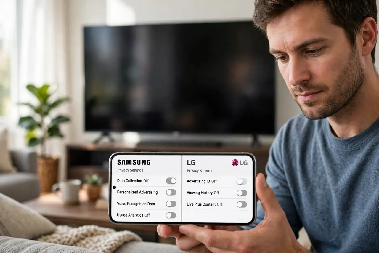 A person comparing TV brand privacy menus on a real phone showing Samsung and LG settings side by side, a real TV blurred in the background, the person's.