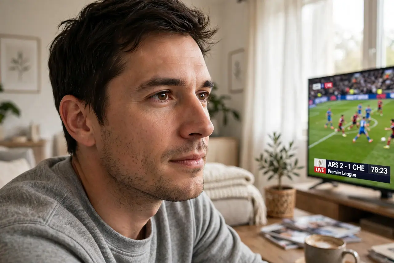 a person watching a real TV showing a legible fast-moving soccer game, motion smooth and clear, the person's face engaged, living room.
