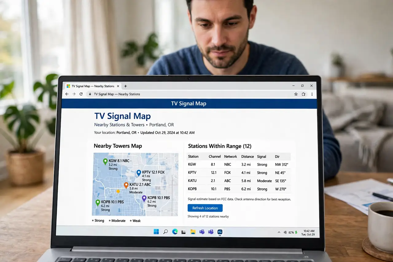 Photoreal photo of a person performing the first step: Check what signals reach you first. Enter your address in a free TV signal map site to see w...