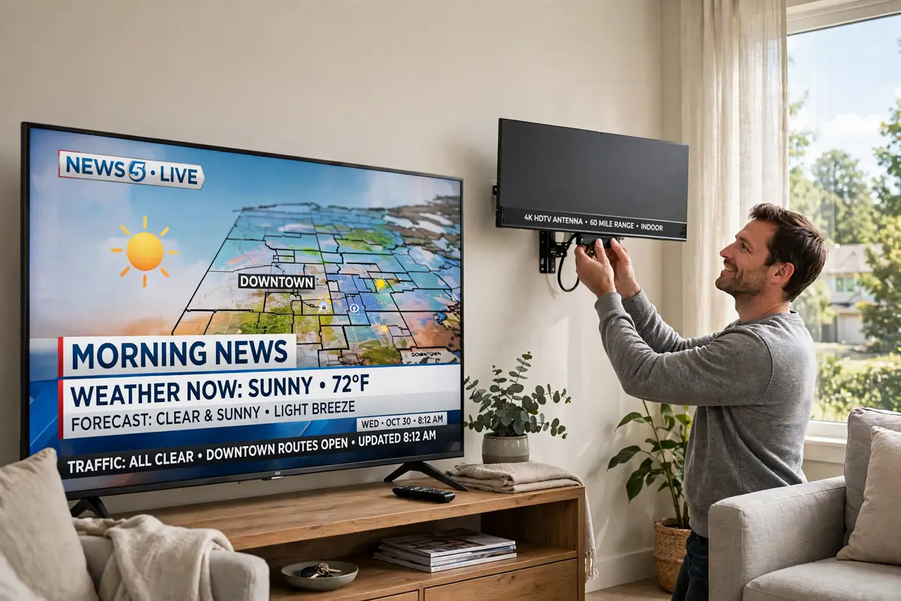 Photoreal photo: a person mounting a real flat indoor TV antenna on a wall near a window, a real TV nearby showing a clear broadcast channel with legible picture, the person's face satisfied, living room daylight. ...