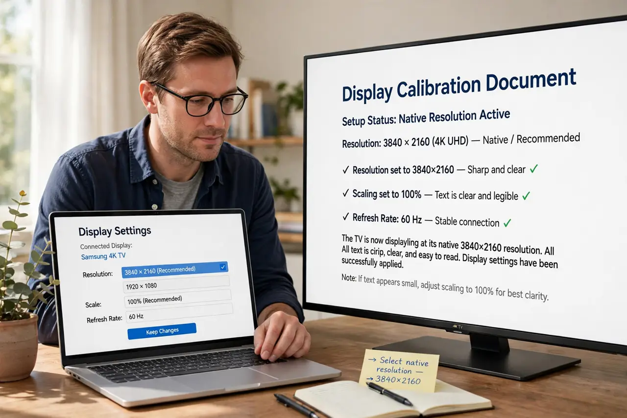 A person performing step 1 of the guide: Set the TV's native resolution. Open your display settings and choose the TV's native resolution — usually 1920x1080 or 3840x2160. Any...