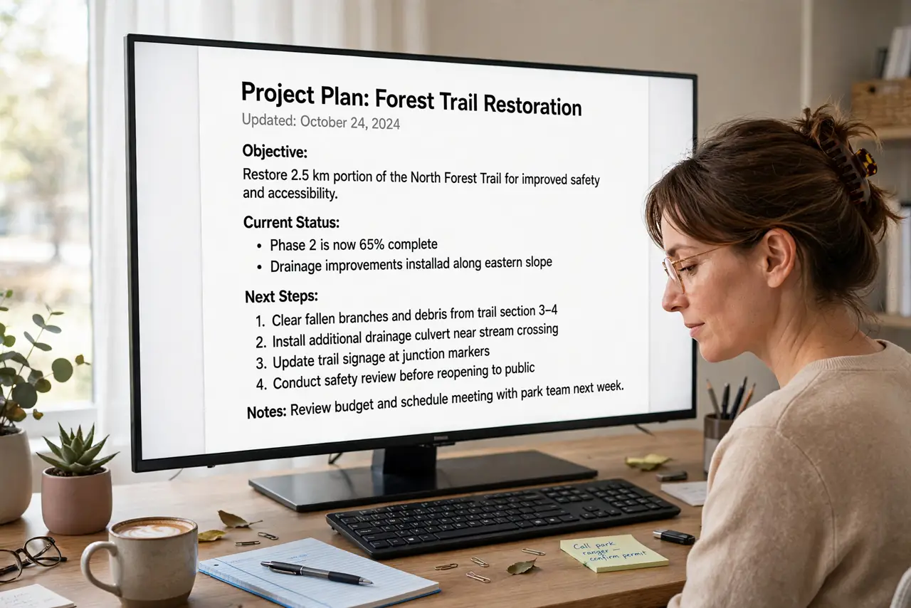 a calm adult at a desk with a real large TV used as a monitor, the screen showing a document with text that is sharp and legible, the person reading comfortably