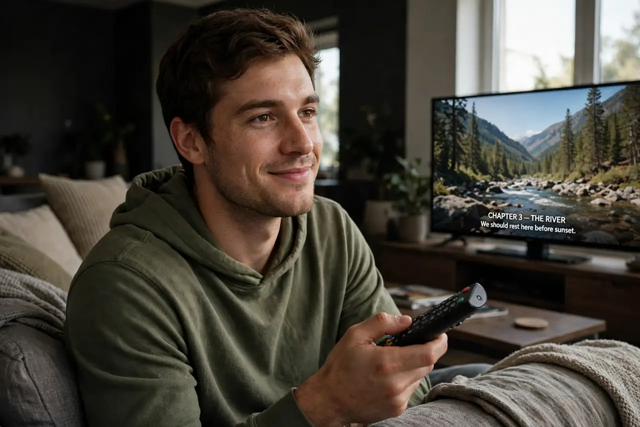 a person on a couch holding a real TV remote, the TV showing a legible movie scene with natural colors, the person's face pleased, dim living room.