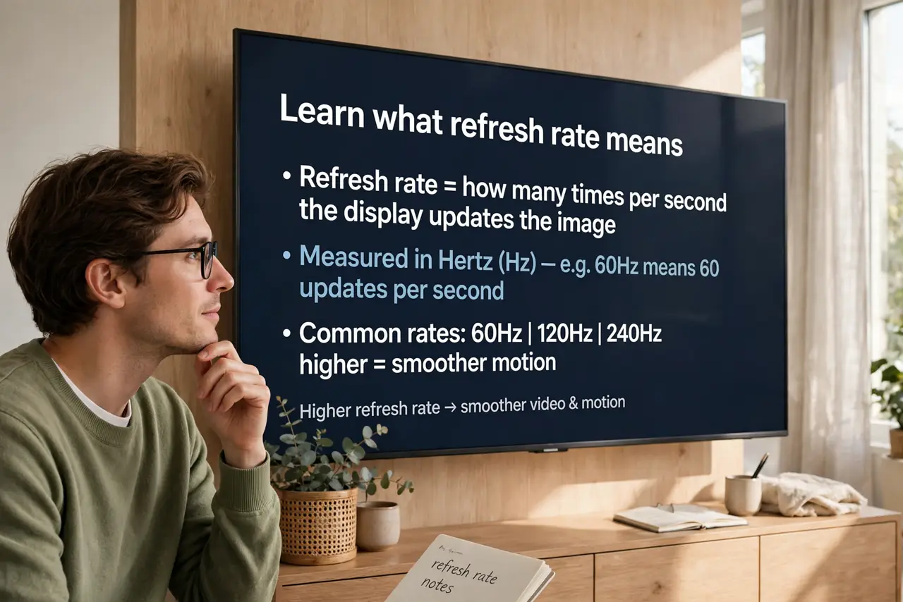 A person calmly performing the guide's first step: Learn what refresh rate means.