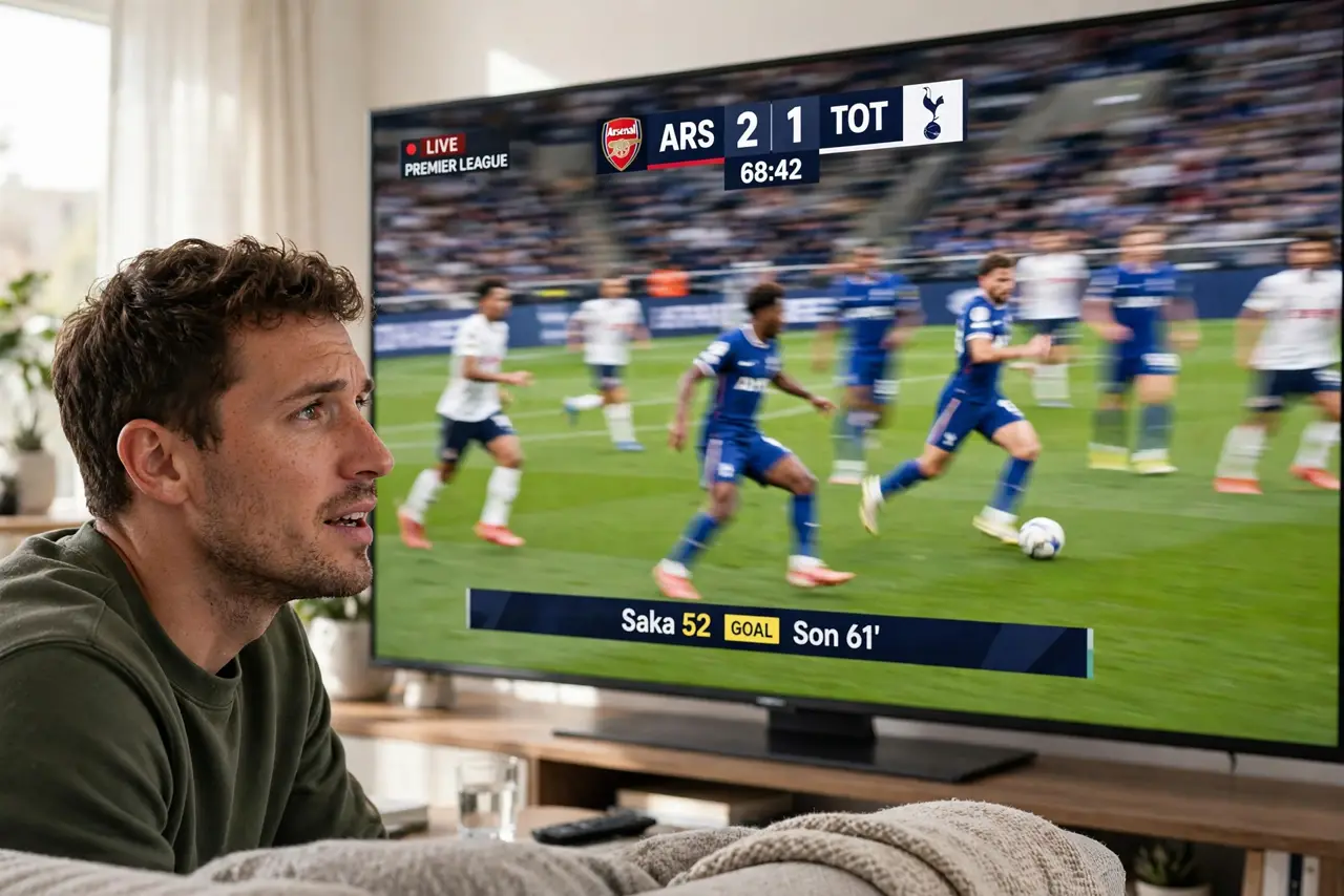 a person watching a real TV showing a fast sports scene with legible score overlay, the motion smooth, the person's face engaged. No black screen, no blank white screen, no fake or.