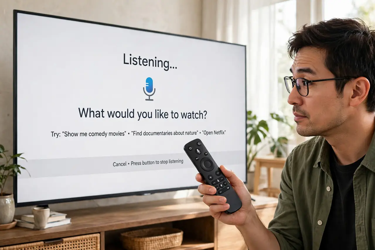 Is Your TV Listening — a curious adult holding a real TV voice remote pointed at a smart TV, the TV screen showing the voice prompt f