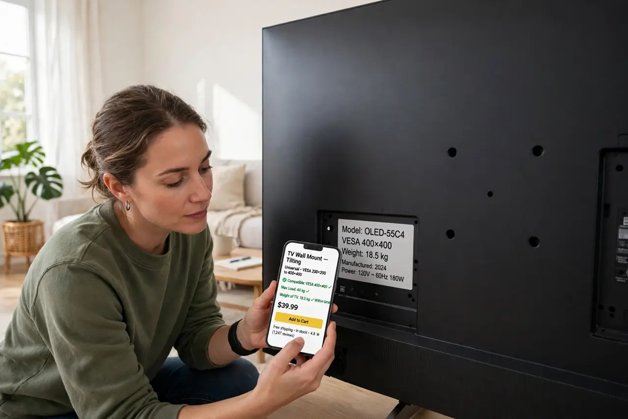 Photoreal photo of a person performing the first step: Buy the right mount. Check your TV's VESA pattern and weight, then buy a mount rated well ab...
